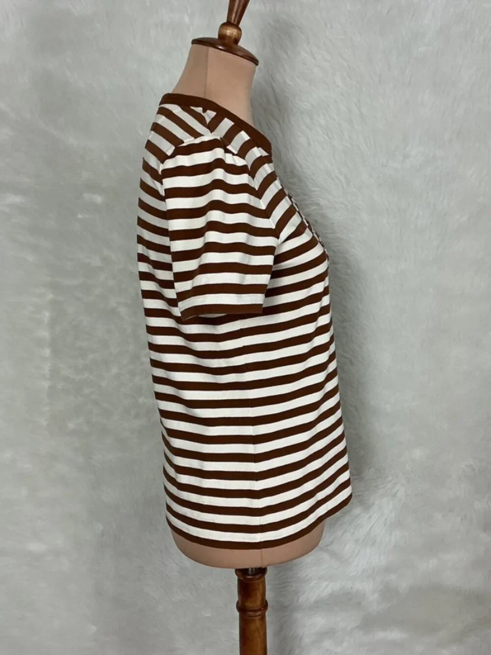 Tory Burch Brown & White Striped Cotton Logo T-Shirt S - Picture 4 of 7